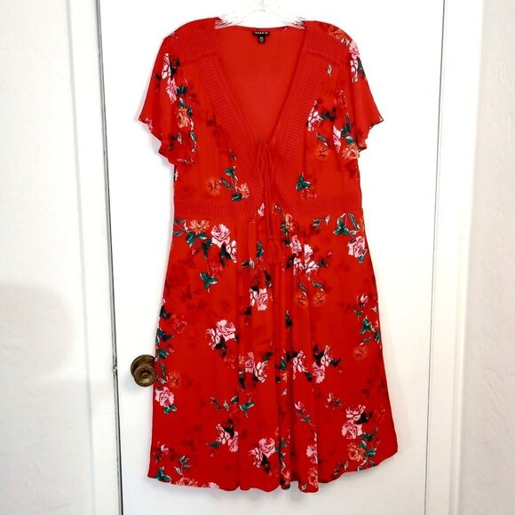 Torrid Red Floral Mini Gauze Lace-Up Skater Dress - Picture 1 of 11